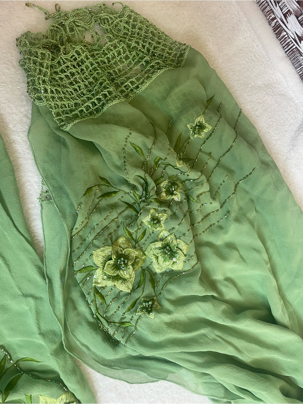Rare VTG 100% Silk Sue Wong Fairy floral beaded Lime Green Dress w/ Silk Scarf - Picture 15 of 16